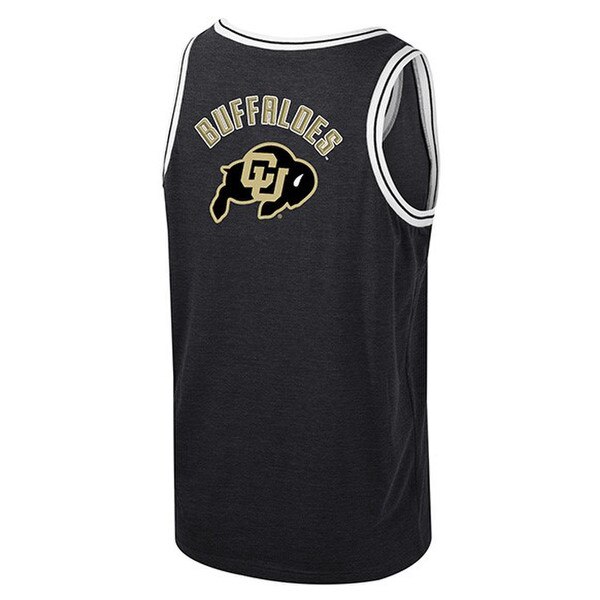The backing of the black youth shooting tank top with white cuff accents and Buffaloes in vegas gold lettering arched over a C-U Buffalo logo.